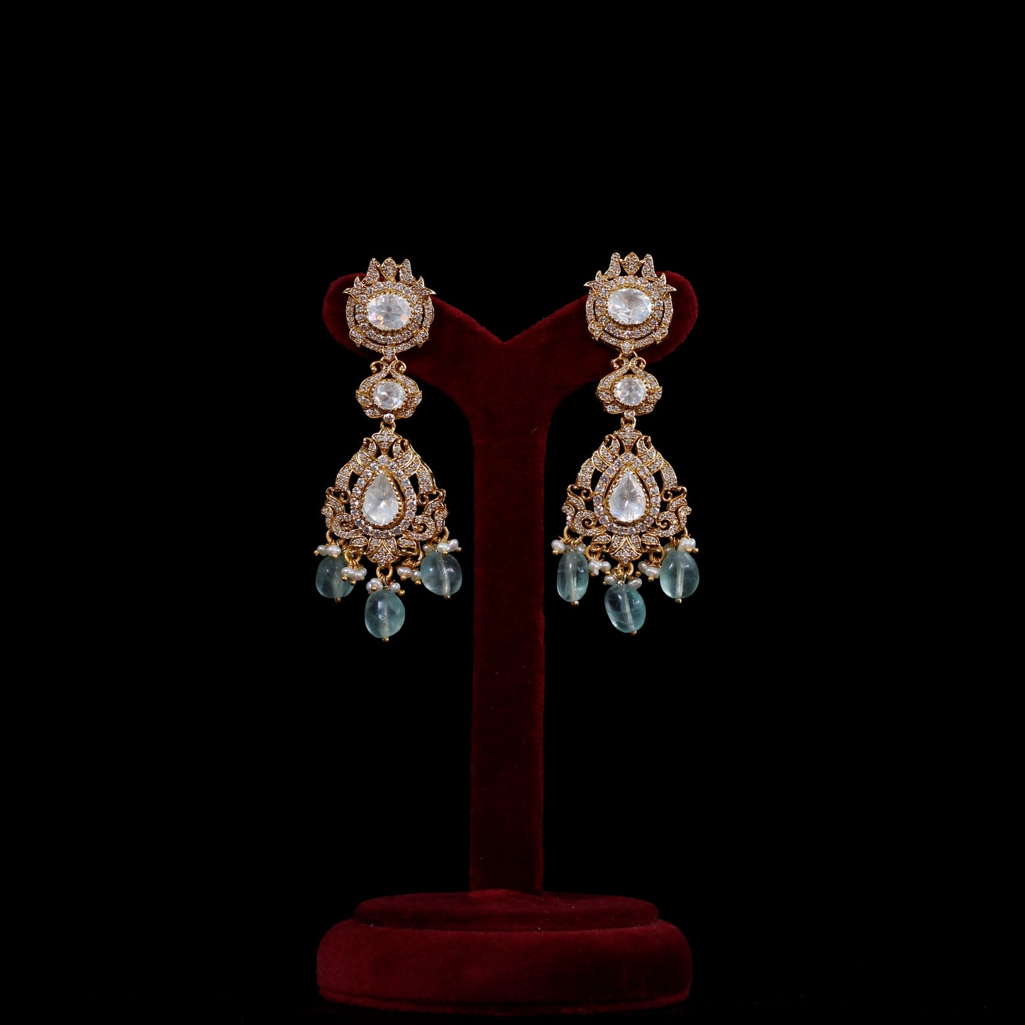 EARRINGS- 92.5 STERLING SILVER GOLD PLATED, FLOURITE & KUNDAN stones WITH ZIRCONIA & FRESH WATER PEARLS.
