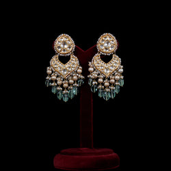 EARRINGS- 92.5 STERLING SILVER GOLD PLATED, FLOURITE & KUNDAN STONES WITH FRESH WATER PEARLS.