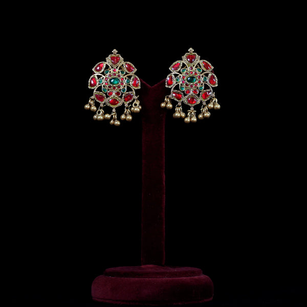 EARRINGS- 92.5 STERLING SILVER GOLD PLATED, RED & GREEN ONYX WITH SILVER BEADS.