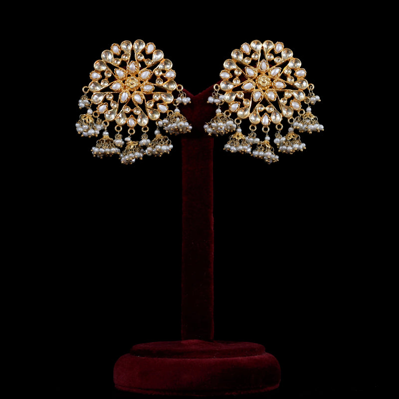 EARRINGS- 92.5 STERLING SILVER GOLD PLATED WITH KUNDAN AND FRESH WATER PEARLS.