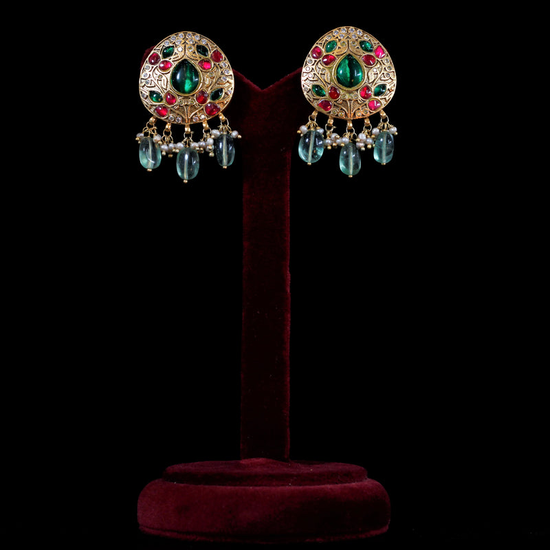 EARRINGS- 92.5 STERLING SILVER GOLD PLATED, FLUORITE, RED & GREEN ONYX  STONES WITH FRESH WATER PEARLS.