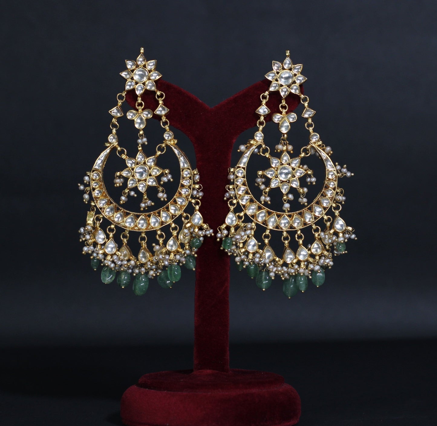 EARRINGS IN 92.5 STERLING SILVER WITH 18KT GOLD PLATED WITH KUNDAN , fluorite stones AND FRESH WATER PEARLS