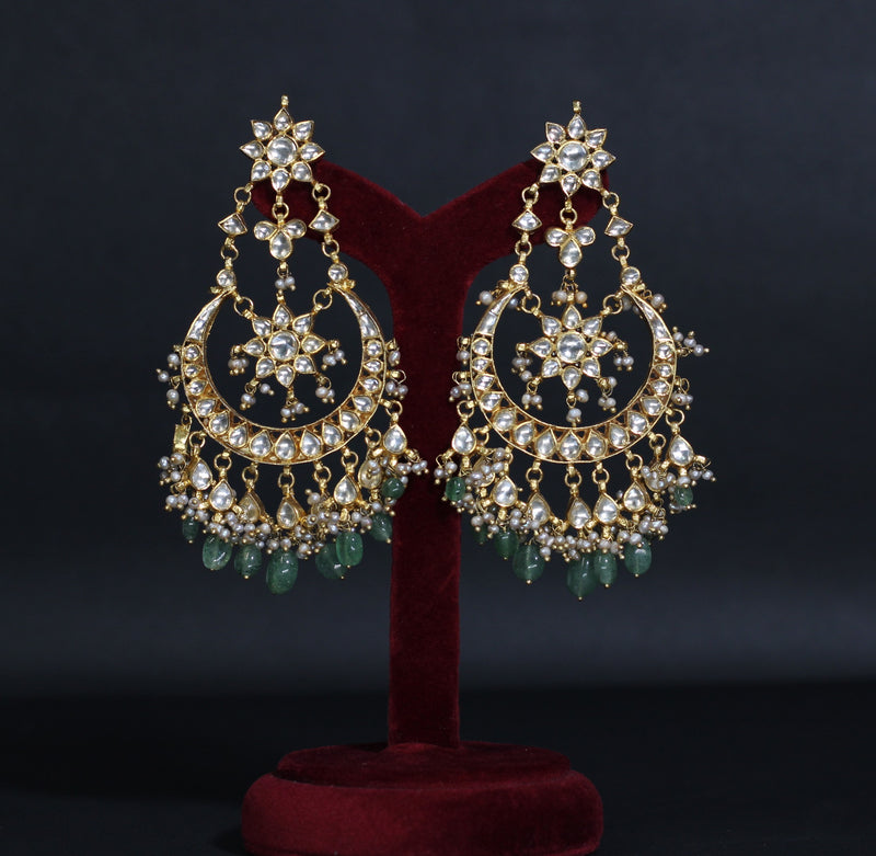 EARRINGS IN 92.5 STERLING SILVER WITH 18KT GOLD PLATED WITH KUNDAN , FLOURIDE STONES AND FRESH WATER PEARLS
