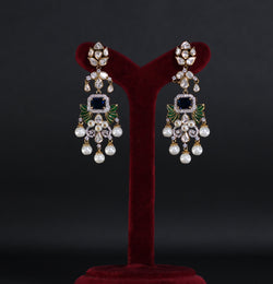 EARRINGS 92.5 STERLING SILVER WITH 18KT  GOLD PLATED AND POLKI AND IOLITE WITH ZIRCONIA AND  CULTURE PEARLS