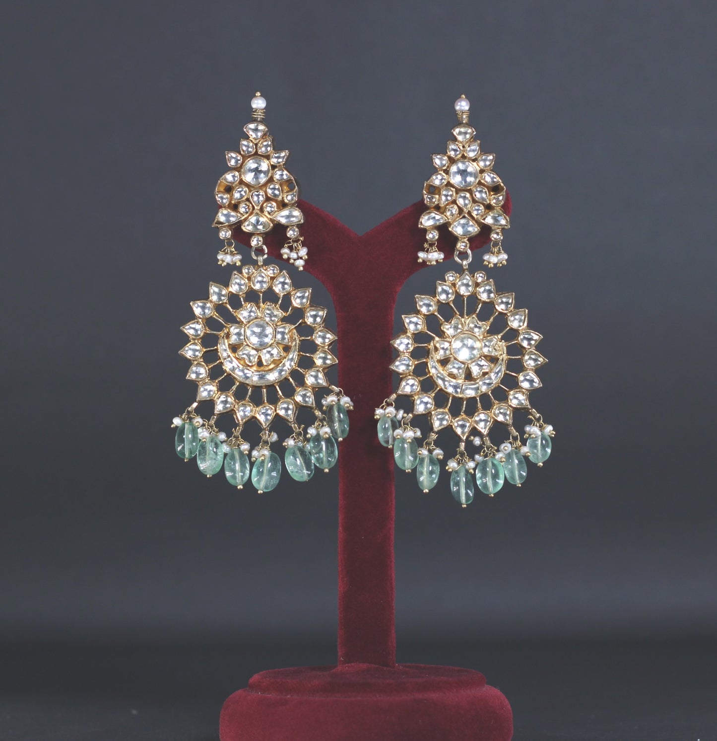 EARRINGS in 92.5 STERLING SILVER WITH 18KT GOLD PLATED ,POLKI AND FLUORIDE stones WITH FRESH WATER PEARLS