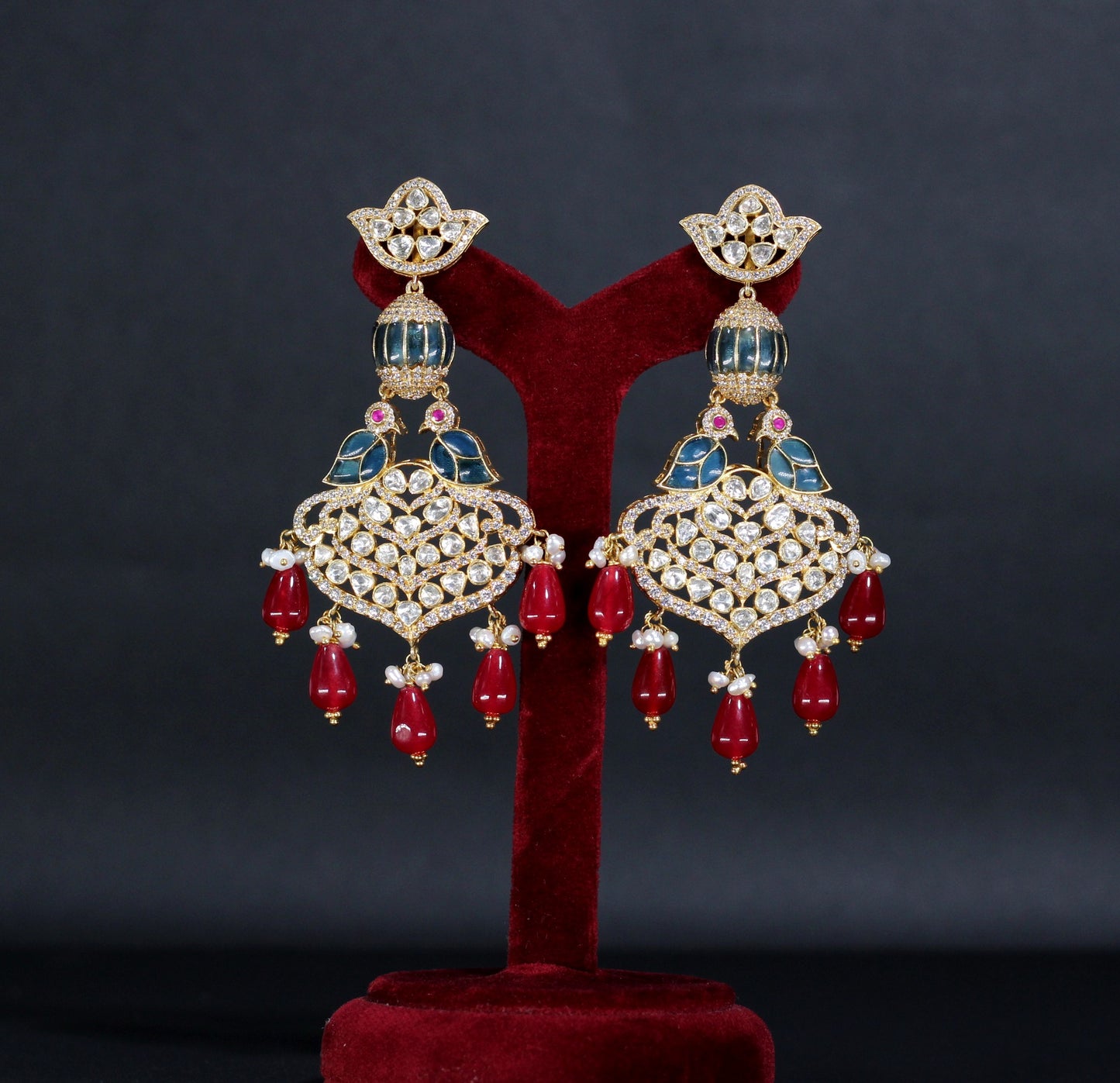 EARRING IN  92.5 STERLING SILVER WITH 18KT GOLD PLATED WITH RUBY & BLUE ONYX AND KUNDAN WITH ZIRCONIA stones