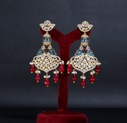 EARRING IN  92.5 STERLING SILVER WITH 18KT GOLD PLATED WITH RUBY & BLUE ONYX AND KUNDAN WITH ZIRCONIA STONES