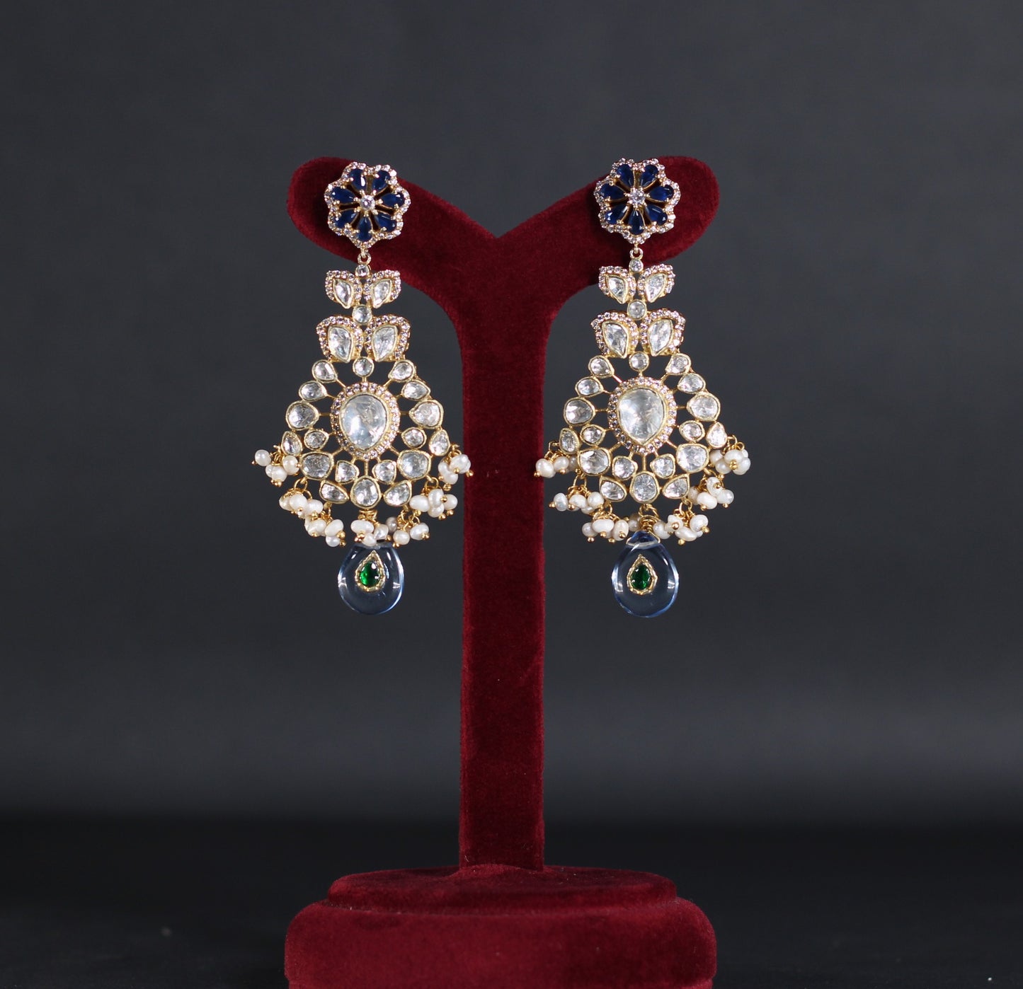 EARRING IN  92.5 STERLING SILVER WITH 18KT GOLD PLATED WITH POLKI AND BLUE ONYX WITH ZIRCONIA