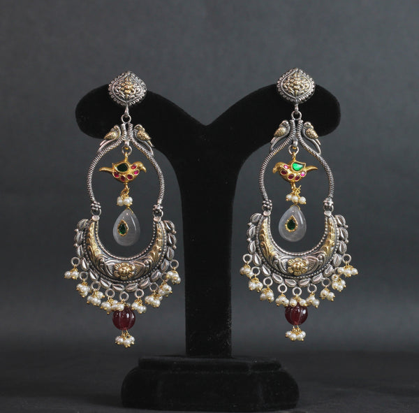 EARRINGS IN 92.5 STERLING SILVER DUAL TONE POLISH  RED & PINK ONYX  WITH FRESH WATER PEARLS