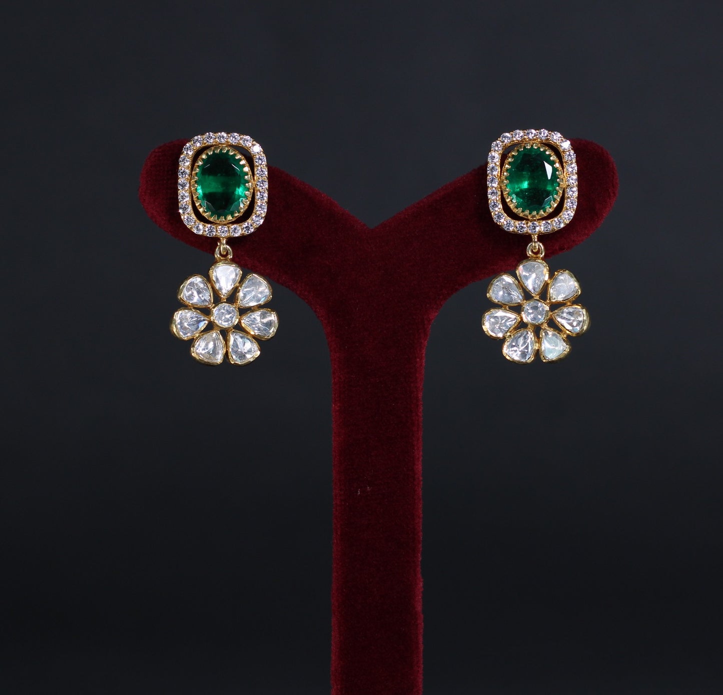 EARRINGS in 92.5 STERLING SILVER WITH 18KT GOLD PLATED AND  MOSONITE POLKI WITH GREEN QUARTS AND ZIRCONIA