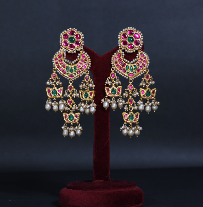 EARRING IN 92.5 STERLING SILVER WITH 18KT GOLD PLATED, GREEN & PINK ONYX AND FRESH WATER PEARLS
