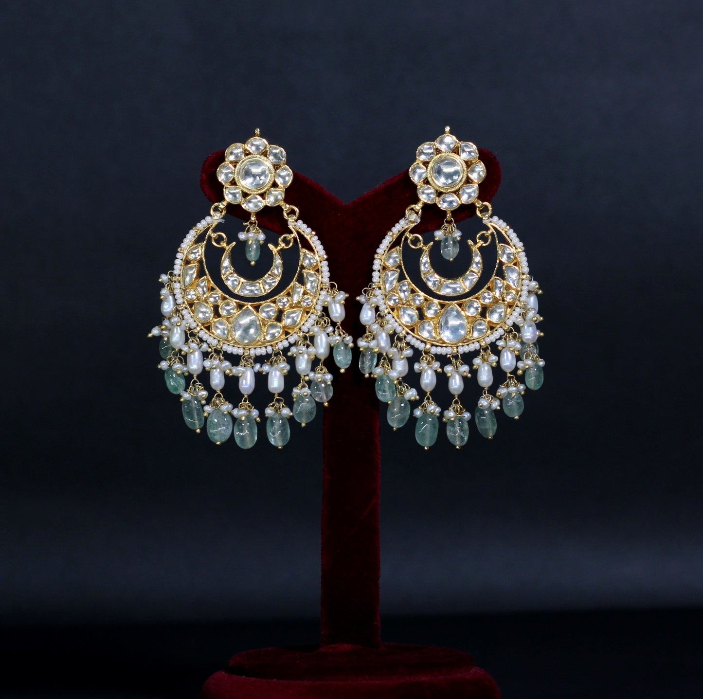 EARRINGS IN 92.5 STERLING SILVER WITH 18KT GOLD PLATED WITH POLKI ,FLOURIDE STONES AND FRESH WATER PEARLS