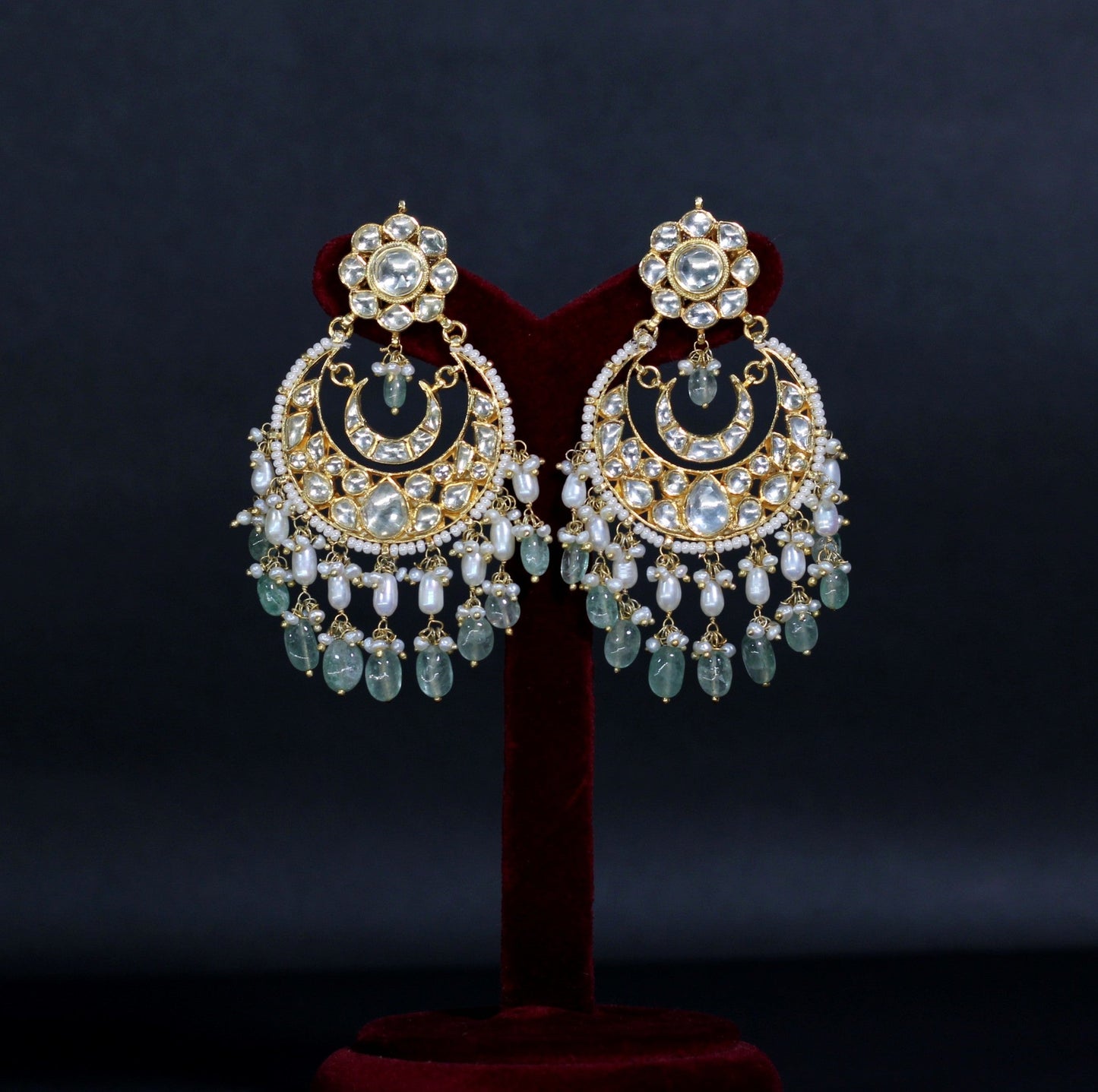 EARRINGS IN 92.5 STERLING SILVER WITH 18KT GOLD PLATED WITH POLKI ,fluorite stones AND FRESH WATER PEARLS