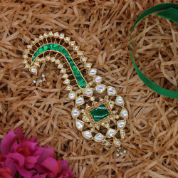 KALGI:- 92.5 STERLING SILVER, GOLD PLATED WITH KUNDAN, GREEN ONYX & CUBIC ZIRCONIA AND FRESH WATER PEARLS.