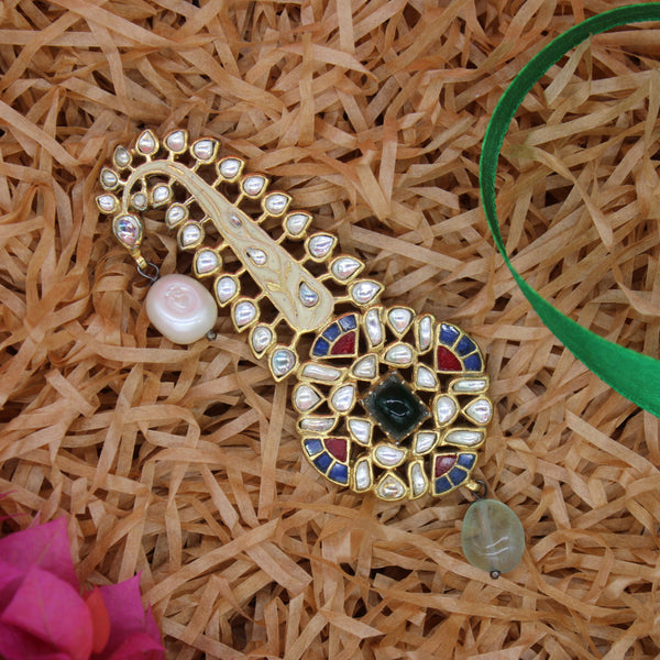 KALGI:- 92.5 STERLING SILVER, GOLD PLATED WITH KUNDAN, FLUORITE, (RED-GREEN-BLUE) ONYX AND CULTURED PEARL.