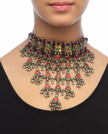 Maroon Necklace with Multicolored Stones