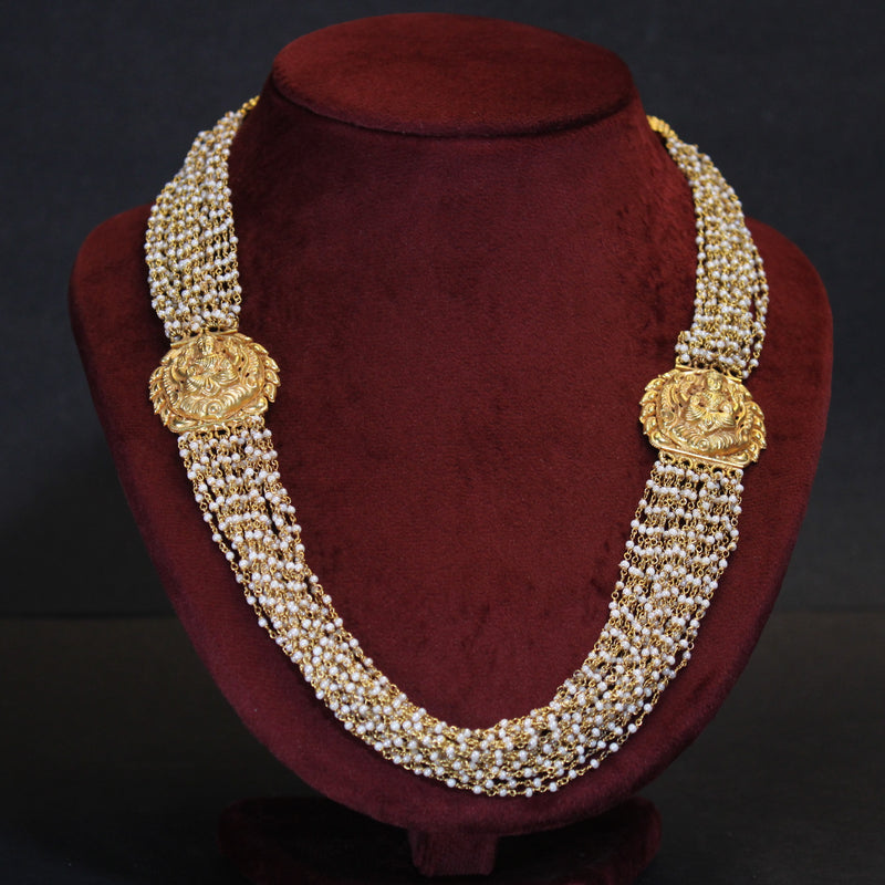 NECKLACE:- 92.5 STERLING SILVER, GOLD PLATED WITH FRESH WATER PEARLS.