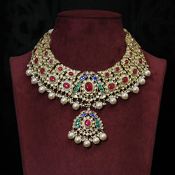 NECKLACE:- 92.5 STERLING SILVER WITH KUNDAN, RED & GREEN ONYX AND PEARLS.