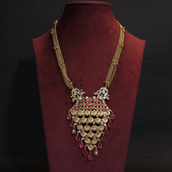 NECKLACE:- 92.5 STERLING SILVER, GOLD PLATED WITH KUNDAN AND PINK CRYSTAL AND CULTURED PEARLS & SILVER BEADS.