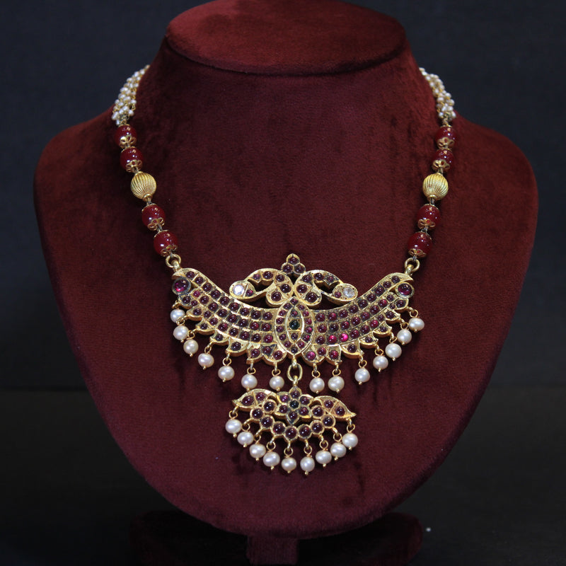 NECKLACE:- 92.5 STERLING SILVER, GOLD PLATED WITH PINK,GREEN & RED ONYX, CRYSTAL AND CULTURED & FRESH WATER PEARLS.