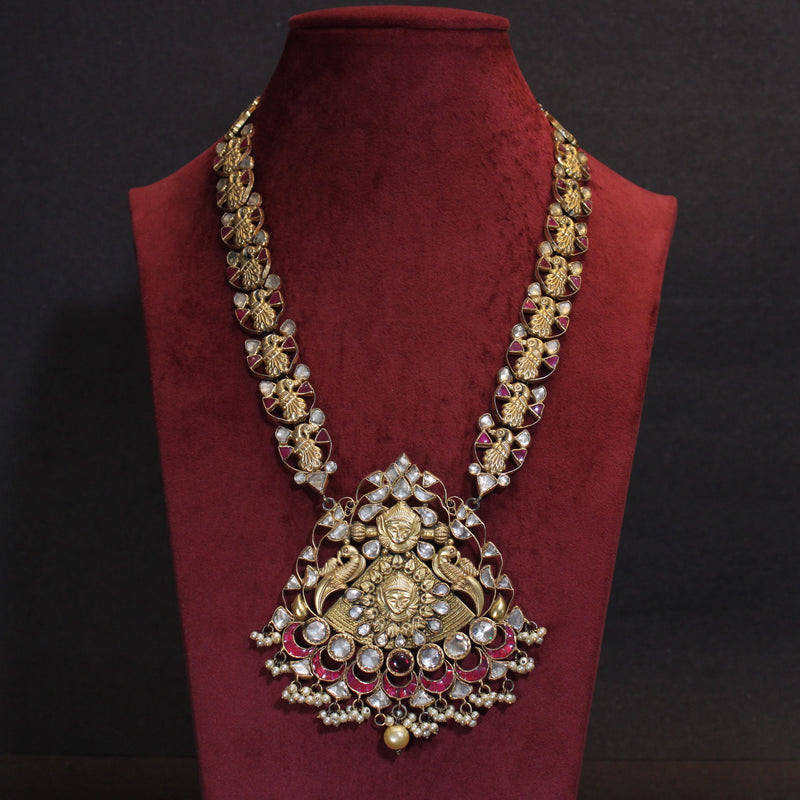 NECKLACE:- 92.5 STERLING SILVER, GOLD PLATED WITH KUNDAN, PINK CRYSTAL AND FRESH WATER PEARLS.