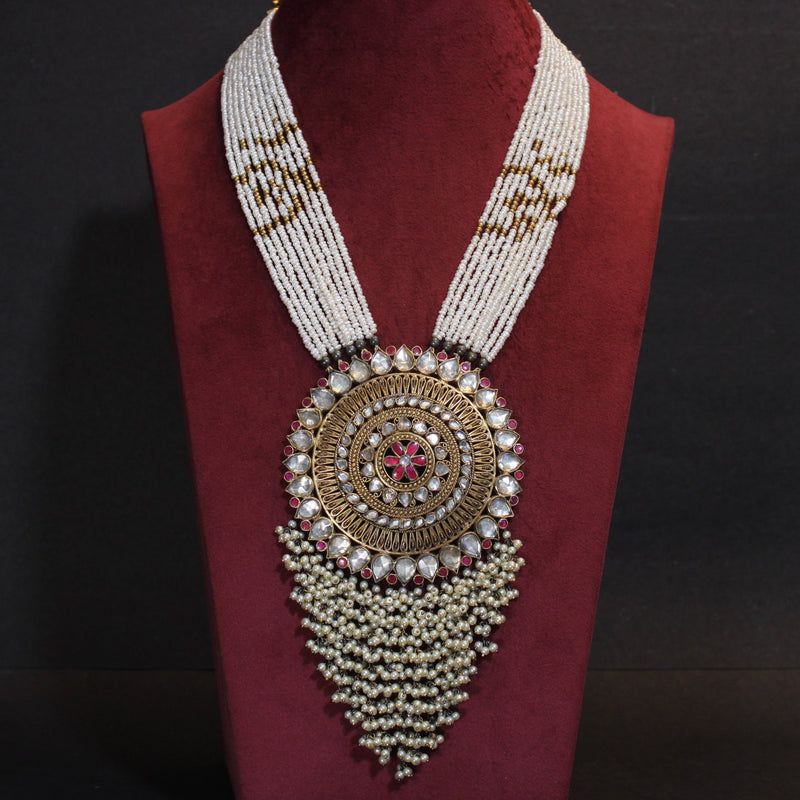 NECKLACE:- 92.5 STERLING SILVER, GOLD PLATED WITH KUNDAN & PINK ONYX AND FRESH WATER PEARLS.