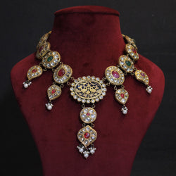 NECKLACE:- 92.5 STERLING SILVER, GOLD PLATED WITH KUNDAN, RED &  GREEN ONYX WITH FRESH WATER PEARLS.