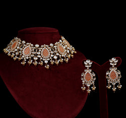 NECKLACE- 92.5 STERLING SILVER GOLD PLATED, KUNDAN, PINK CORAL & CUBIC ZIRCONIA STONES WITH SILVER BEADS & FRESH WATER PEARLS.