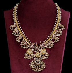 NECKLACE- 92.5 STERLING SILVER GOLD PLATED WITH KUNDAN, PINK & GREEN ONYX AND CULTURED & FRESH WATER PEARLS.
