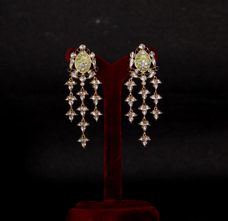 NECKLACE AND EARRING IN 92.5 SILVER WITH KUNDAN & LIME GREEN ENAMEL  WORK
