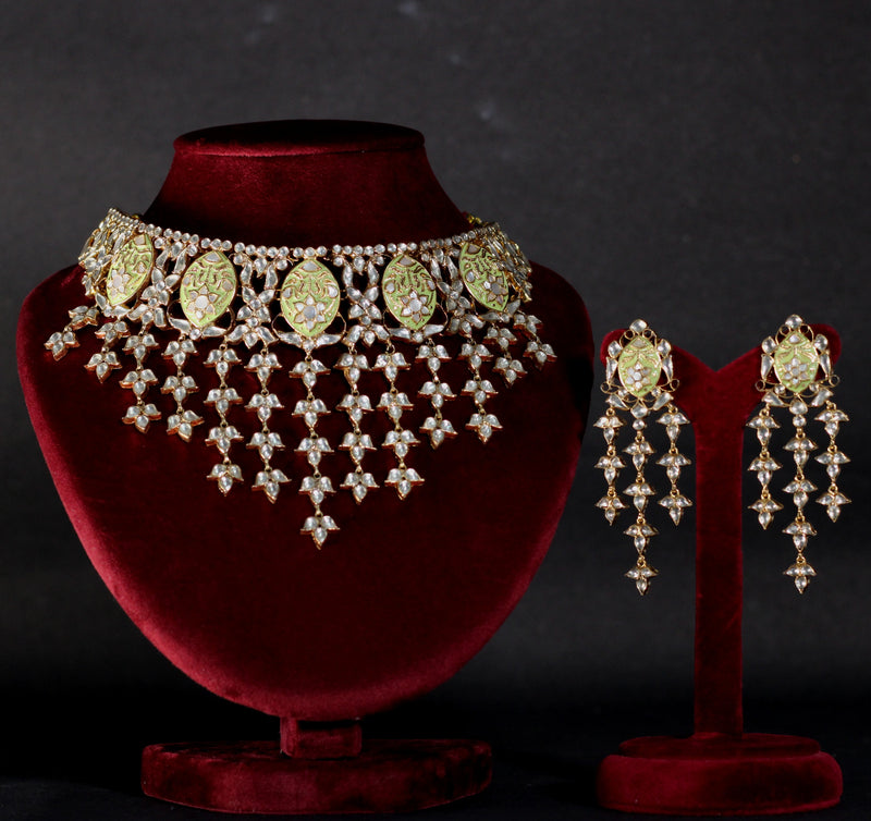 NECKLACE AND EARRING IN 92.5 SILVER WITH KUNDAN & LIME GREEN ENAMEL  WORK