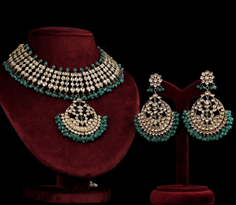 NECKLACE- 92.5 STERLING SILVER GOLD PLATED, GREEN ONYX & KUNDAN STONES.