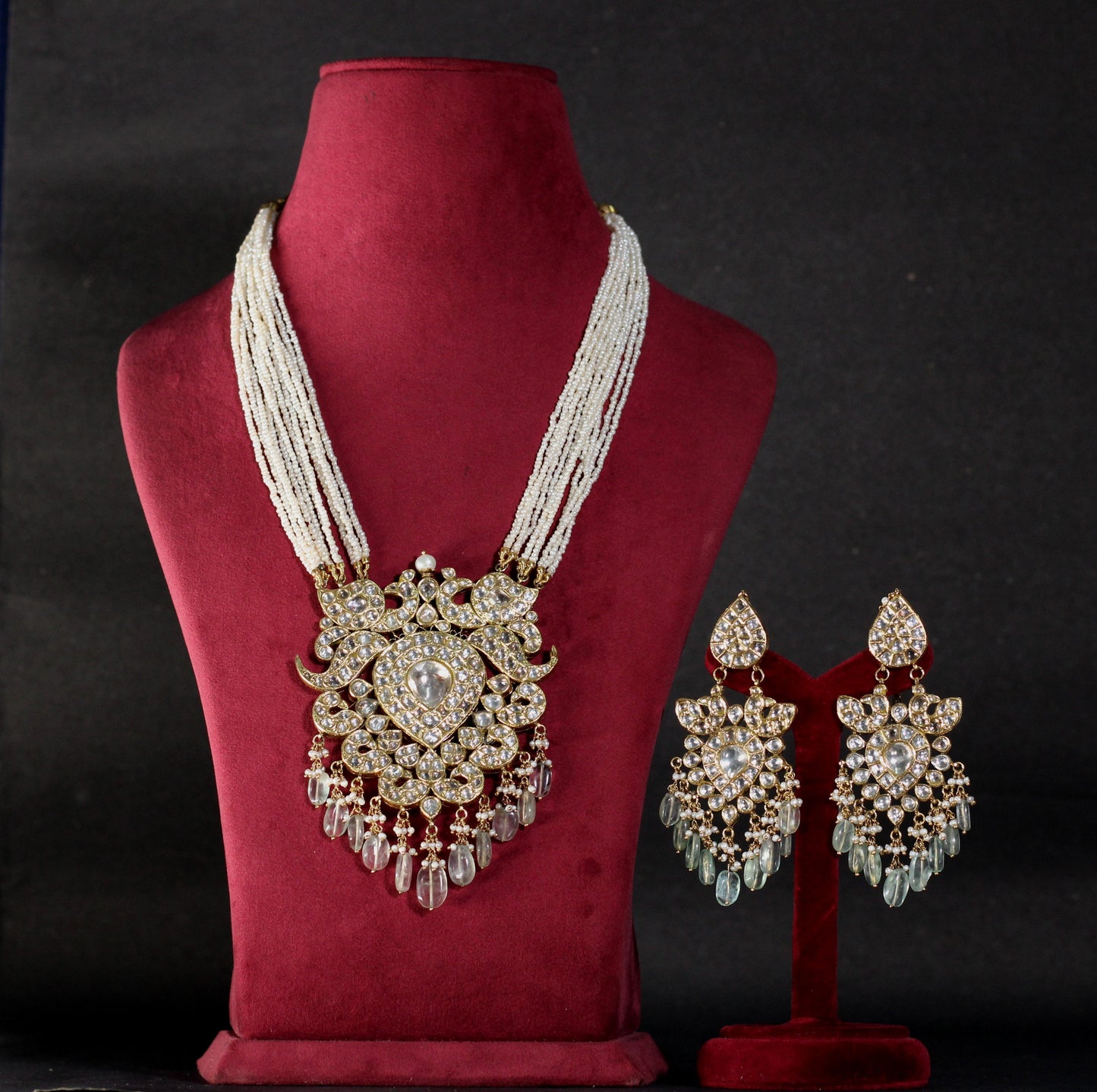 NECKLACE AND EARRING IN  92.5 STERLING WITH 18KT GOLD PLATED KUNDAN AND fluorite AND BEADS stones