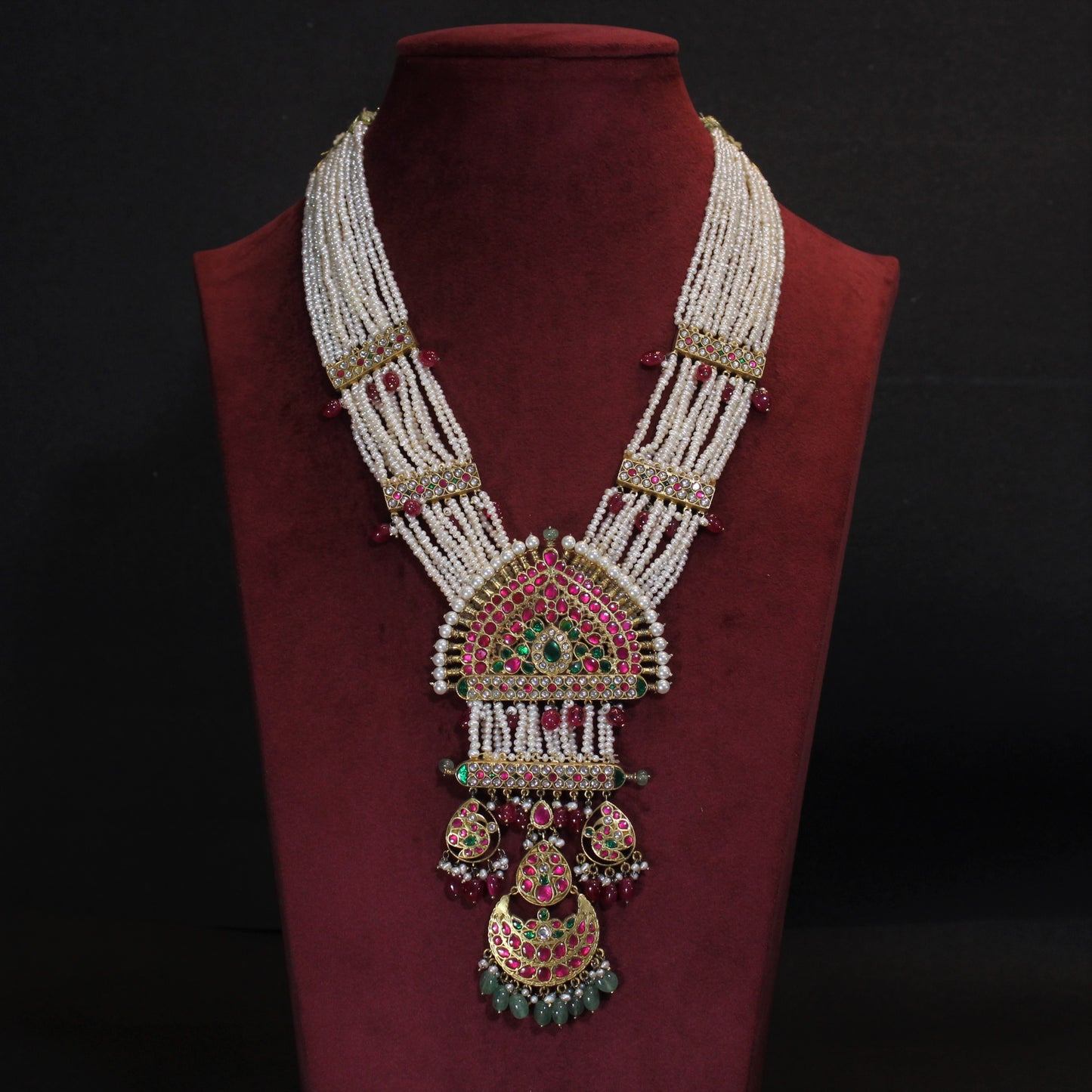 NECKLACE:- 92.5 STERLING SILVER GOLD PLATED WITH MULTI  stones AND CULTURED & FRESH WATER PEARLS.