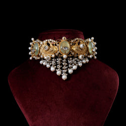 NECKLACE- 92.5 STERLING SILVER GOLD PLATED, GOLDEN RUTILE QUARTZ & KUNDAN STONES WITH FRESH WATER PEARLS.