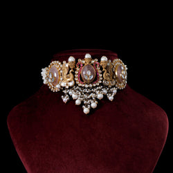 NECKLACE- 92.5 STERLING SILVER GOLD PLATED, GOLDEN RUTILE QUARTZ, PINK ZIRCONIA & KUNDAN STONES WITH FRESH WATER PEARLS.