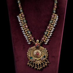 NECKLACE :- 92.5 STERLING SILVER GOLD PLATED WITH KUNDAN, PINK & GREEN ONYX STONES, SILVER BEADS AND FRESH WATER PEARLS.
