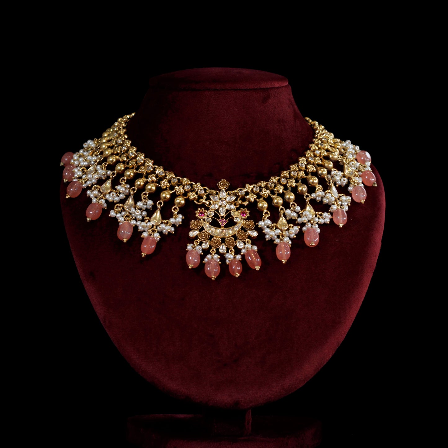NECKLACE :- 92.5 STERLING SILVER GOLD PLATED WITH KUNDAN & PINK MOON stones AND FRESH WATER PEARLS.