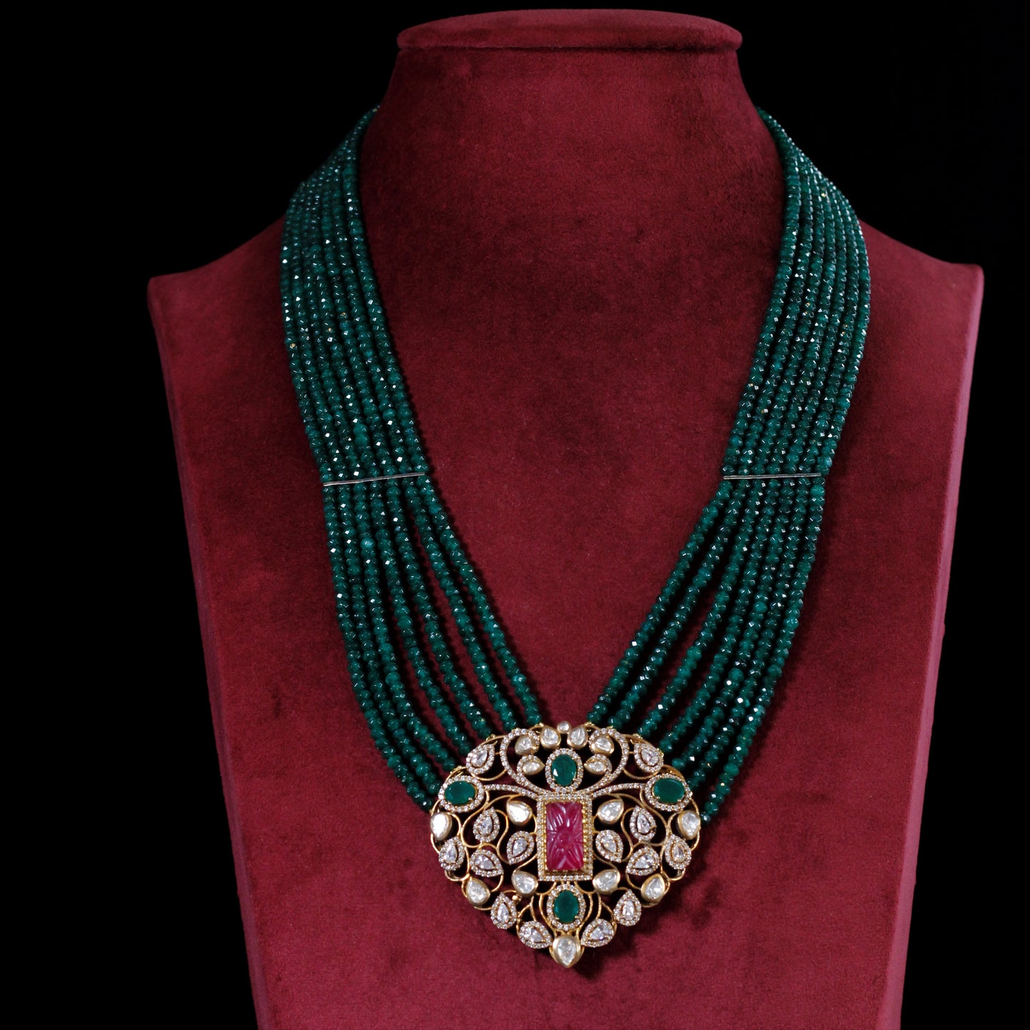 NECKLACE :- 92.5 STERLING SILVER GOLD PLATED WITH KUNDAN, CRYSTAL, PINK & GREEN ONYX & CUBIC ZIRCONIA stones AND GREEN BEADS LINE.