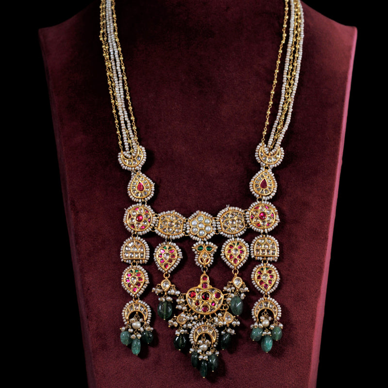 NECKLACE:-  92.5 STERLING SILVER GOLD PLATED WITH KUNDAN, PEARLS , GREEN & PINK ONYX STONES AND SILVER BEADS LINE WITH FRESH WATER PEARLS.