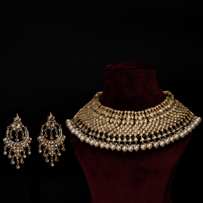 NECKLACE:-  92.5 STERLING SILVER  GOLD PLATED WITH KUNDAN AND  CULTURED  & FRESH WATER PEARLS.