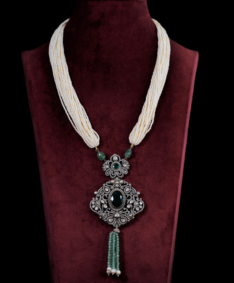 NECKLACE:-  92.5 STERLING SILVER WITH ZIRCONIA, CRYSTAL , EMERALD-LITE, GREEN ONYX STONES &  FRESH WATER PEARLS.