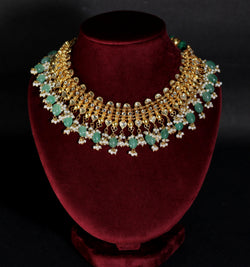 NECKLACE IN 92.5 STERLING SILVER IN 18KT GOLD PLATED WITH KUNDAN,  BLUE CHALCEDONY AND  FRESH WATER PEARLS