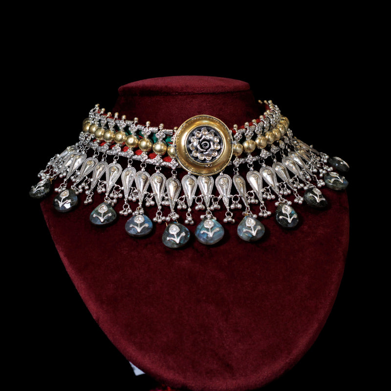 TWO-TONE NECKLACE STERLING SILVER with  LEBRADORITE & KUNDAN  WITH FRESH WATER PEARLS.