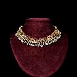 NECKLACE- 92.5 STERLING SILVER GOLD PLATED, KUNDAN, GREEN & PINK ONYX STONES WITH FRESH WATER PEARLS.