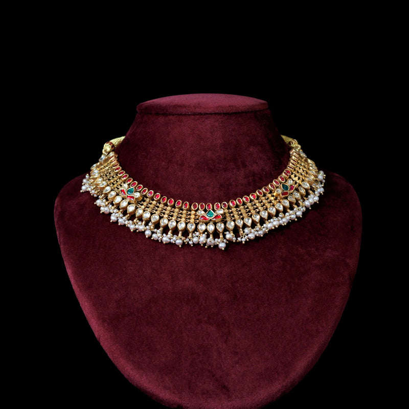 NECKLACE- 92.5 STERLING SILVER GOLD PLATED, KUNDAN, GREEN & PINK ONYX STONES WITH FRESH WATER PEARLS.