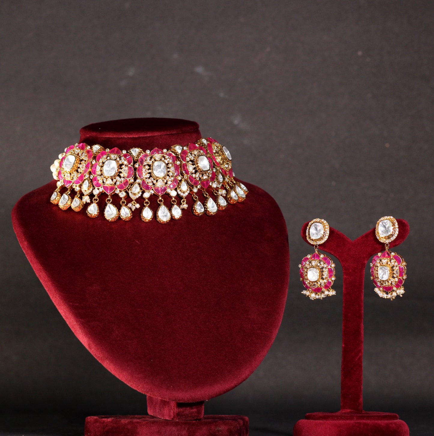 NECKLACE AND EARRING IN 92.5 STERLING SILVER IN 18KT GOLD PLATED WITH MOSONITE POLKI AND RUBY  STONE WITH ZIRCONIA