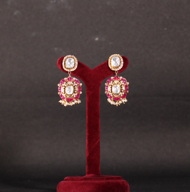 NECKLACE AND EARRING IN 92.5 STERLING SILVER IN 18KT GOLD PLATED WITH MOSONITE POLKI AND RUBY  STONE WITH ZIRCONIA