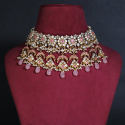 NECKLACE IN 92.5 STERLING SILVER ,KUNDAN,SUN STONES,MOTHER OF PEARLS ,ROSE QUARTZ AND FRESH WATER PEARLS