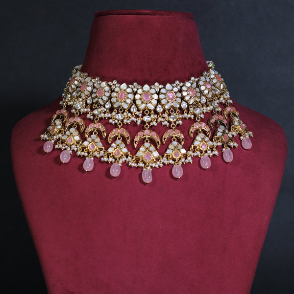 NECKLACE IN 92.5 STERLING SILVER ,KUNDAN,SUN STONES,MOTHER OF PEARLS ,ROSE QUARTZ AND FRESH WATER PEARLS